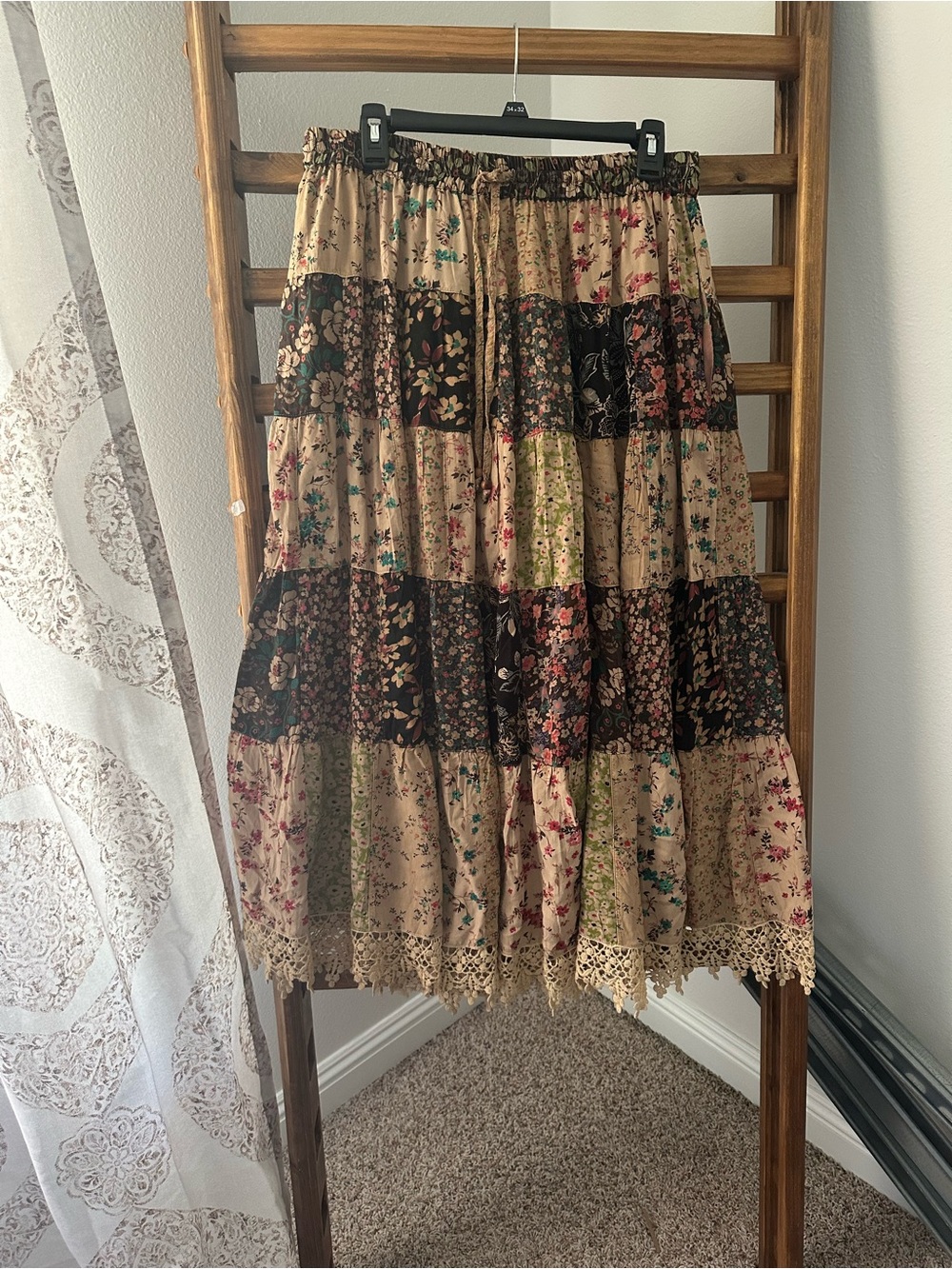 Boho Patchwork Tiered Floral Skirt in Beige